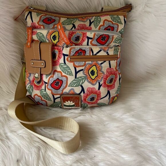 Lily Bloom floral multi color floral nylon crossbody bag tan faux leathe… - Picture 1 of 12